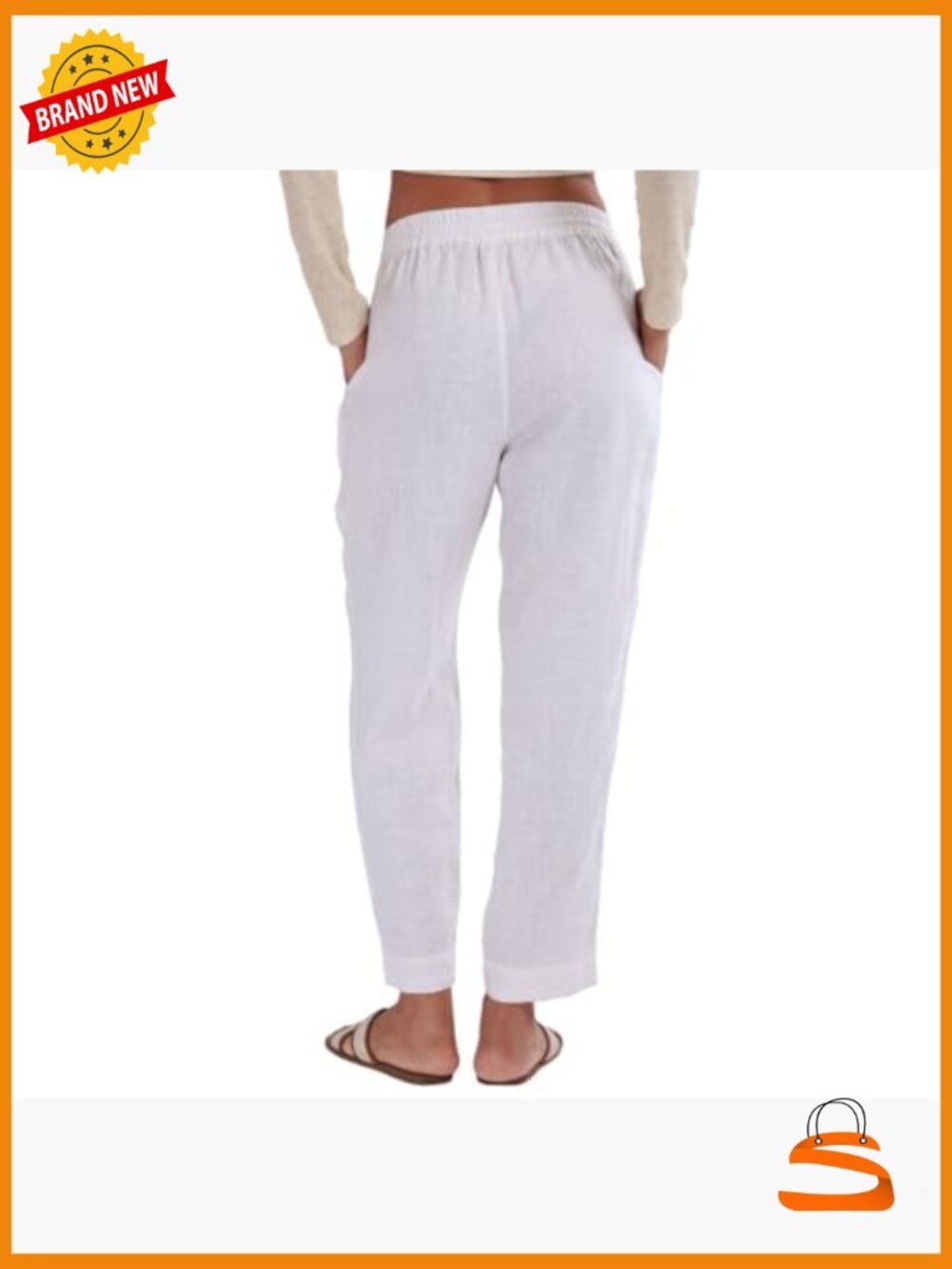 100% Linen Elastic Waist Drawstring Tapered Pants Summer - Picture 2 of 6
